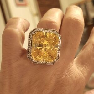 Massive Yellow Gemstone with Silver Accents Statement Ring